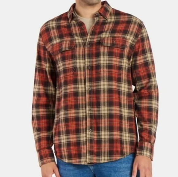 George Men's Button Down Red Tan & Black Plaid Flannel Double Pocket Shirt-SZ:M - Picture 15 of 16